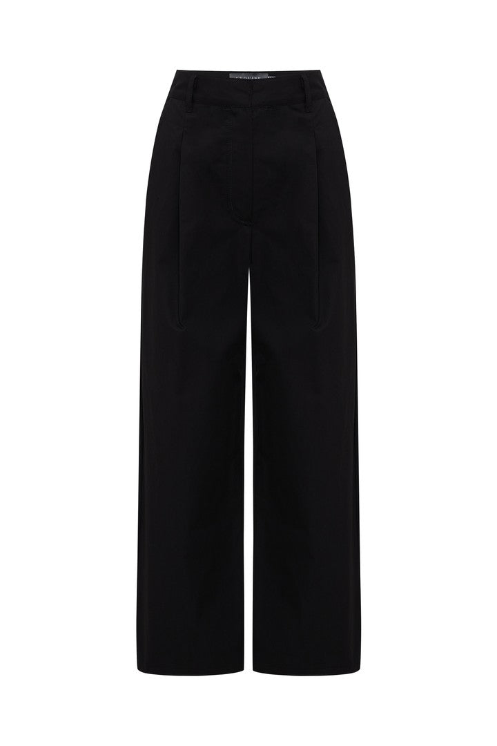 Exquise-Orta Bel Pamuklu Kumaş Bol Kesim Kısa Paça Siyah Pantolon-Pantolon-6-Milagron.com