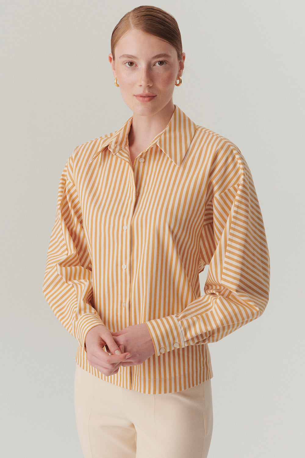 Exquise-Pamuklu Belden Oturtmalı çizgili Regular Fit Gömlek-Gömlek-1-Milagron.com