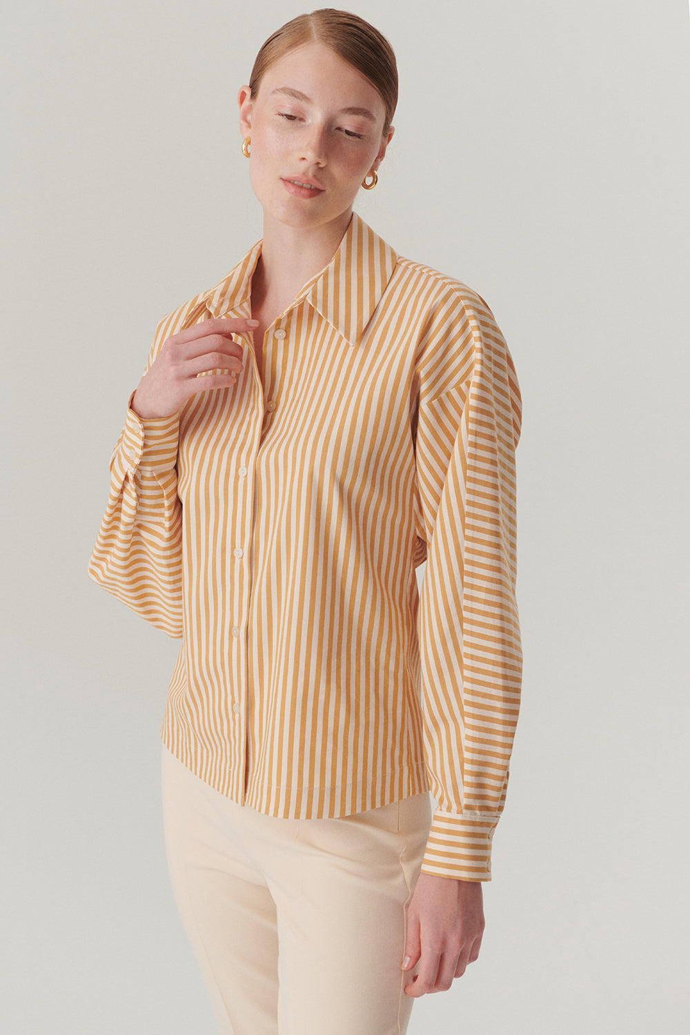 Exquise-Pamuklu Belden Oturtmalı çizgili Regular Fit Gömlek-Gömlek-3-Milagron.com