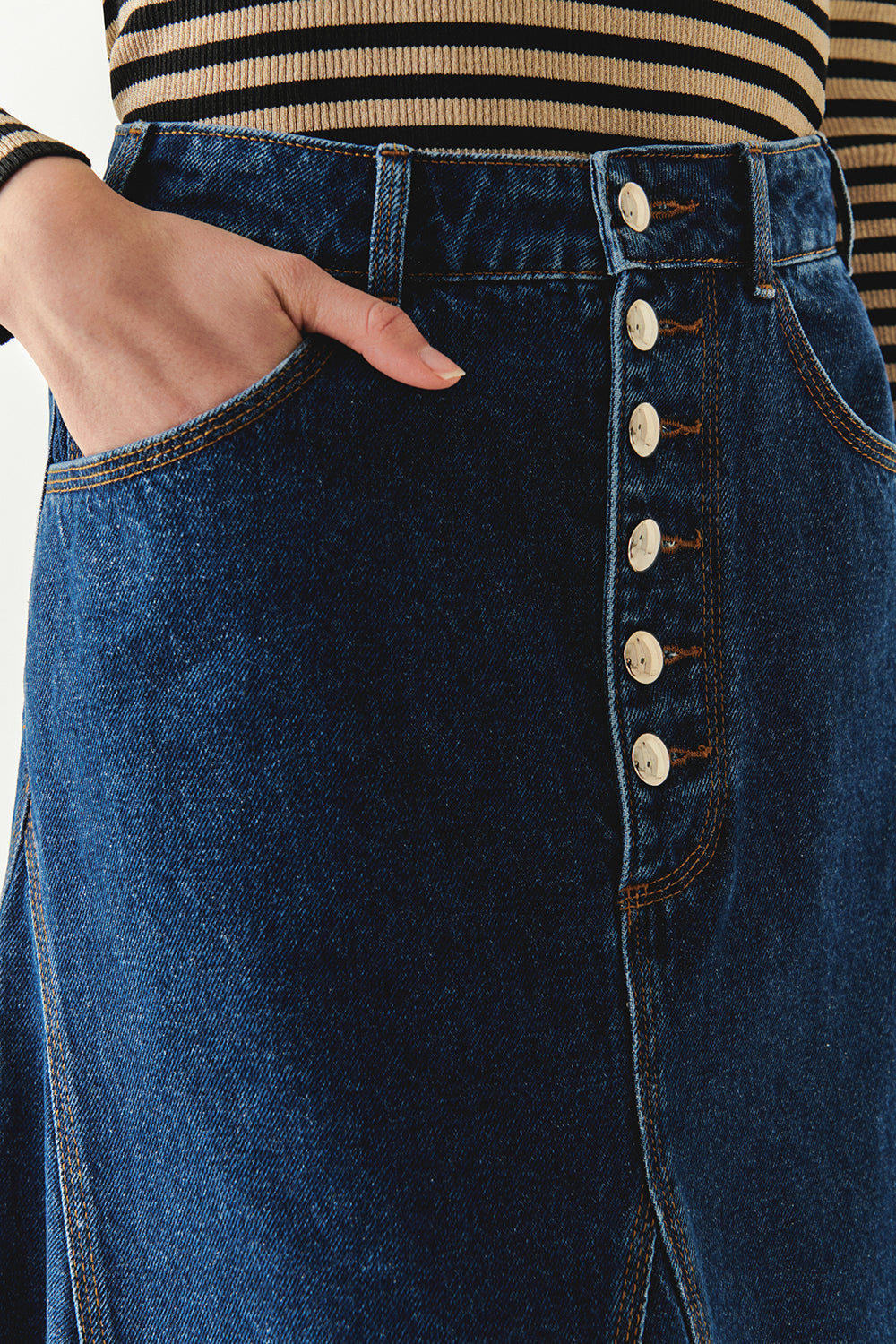 Exquise-Pamuklu Cepli Denim Regular Midi İndigo Etek-ETEK-6-Milagron.com