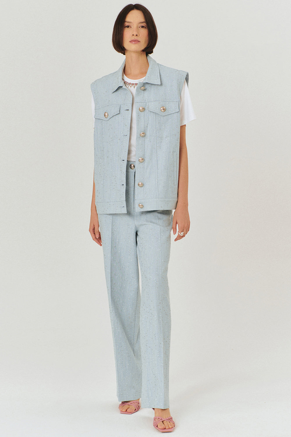 Exquise-Parlak Kumaş Detaylı Mavi Yelek-YELEK-1-Milagron.com