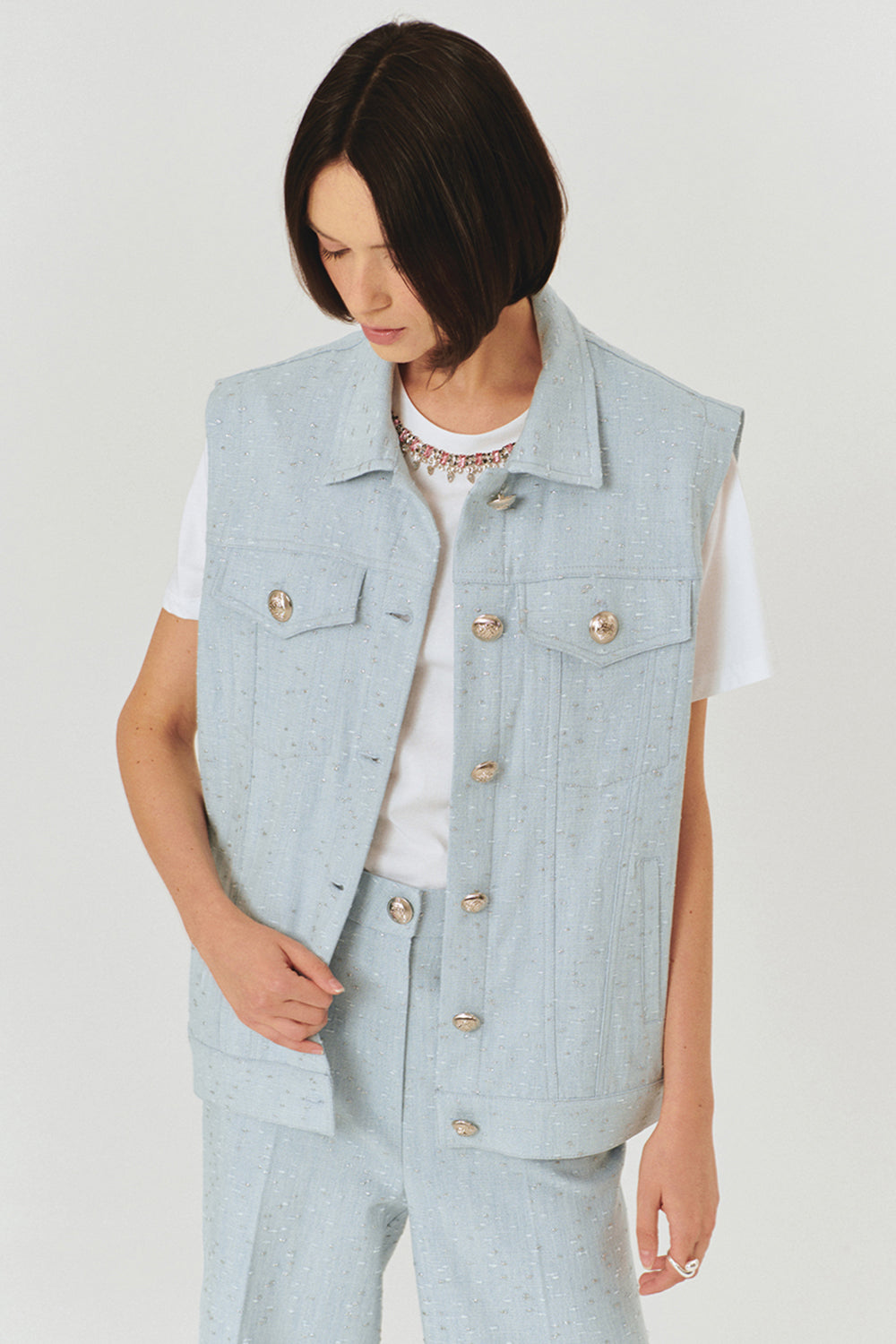Exquise-Parlak Kumaş Detaylı Mavi Yelek-YELEK-2-Milagron.com