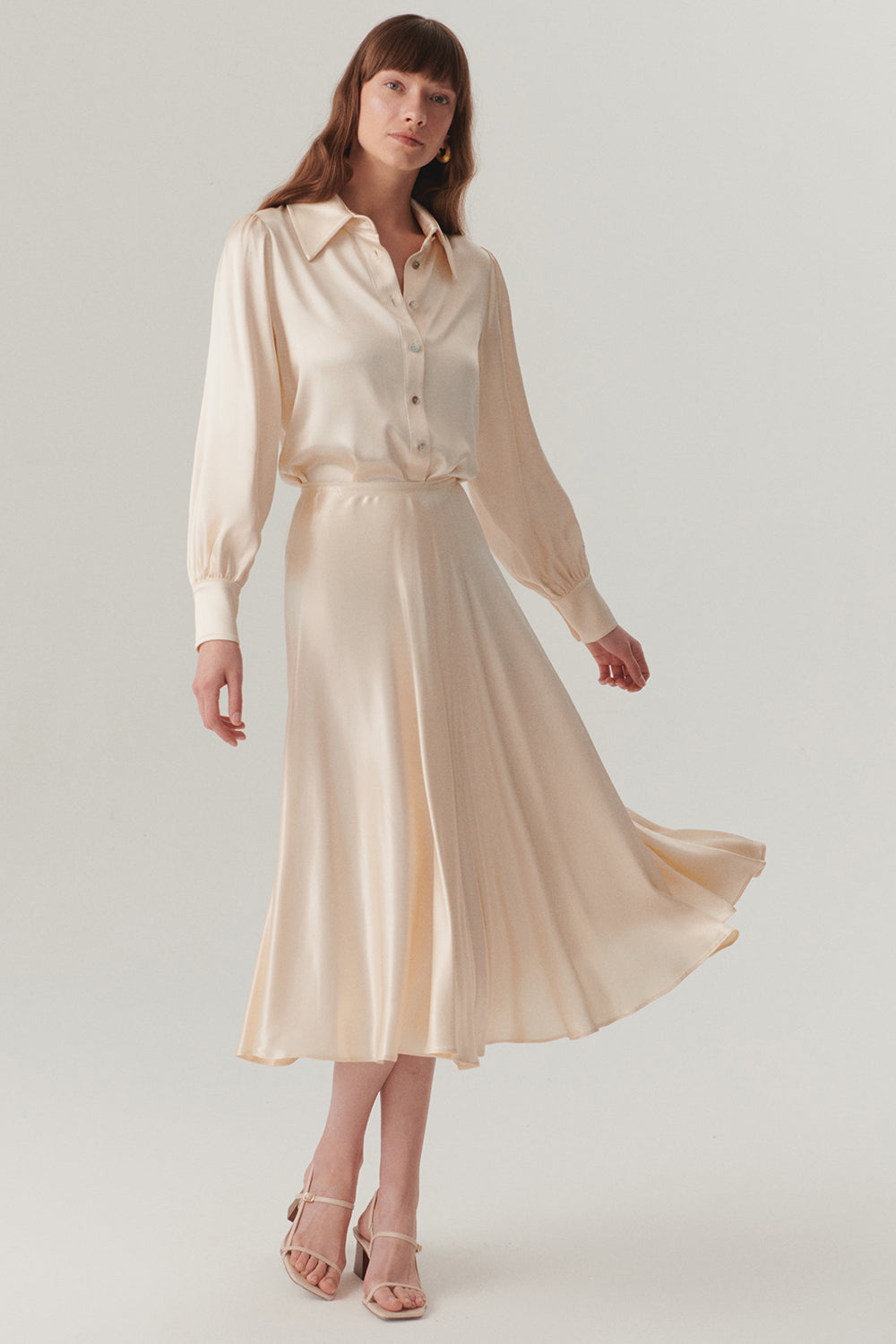 Exquise-Parlak Kumaş Saten Kiloş Midi Boy Etek-Etek-2-Milagron.com