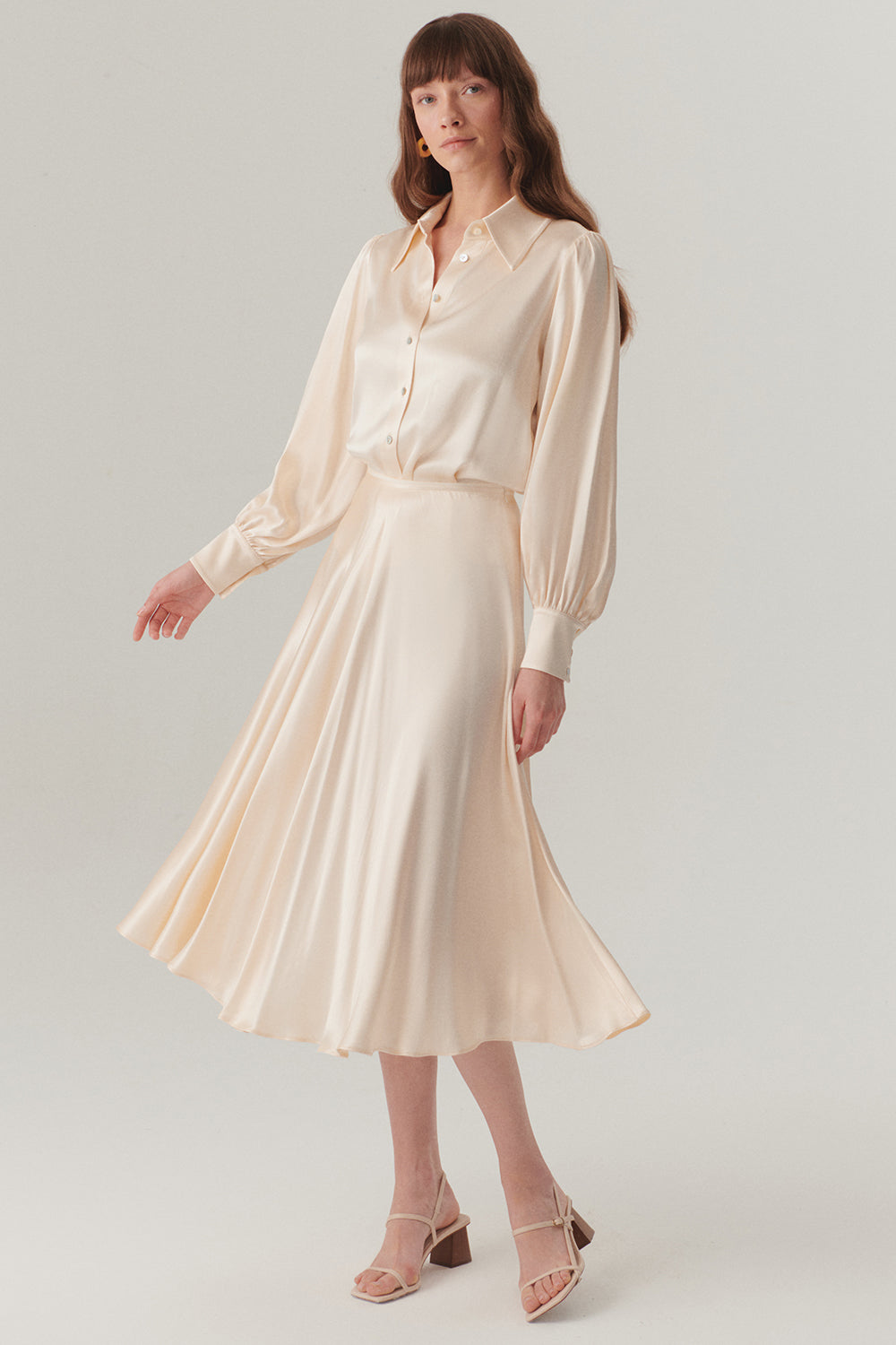 Exquise-Parlak Kumaş Saten Kiloş Midi Boy Etek-Etek-3-Milagron.com