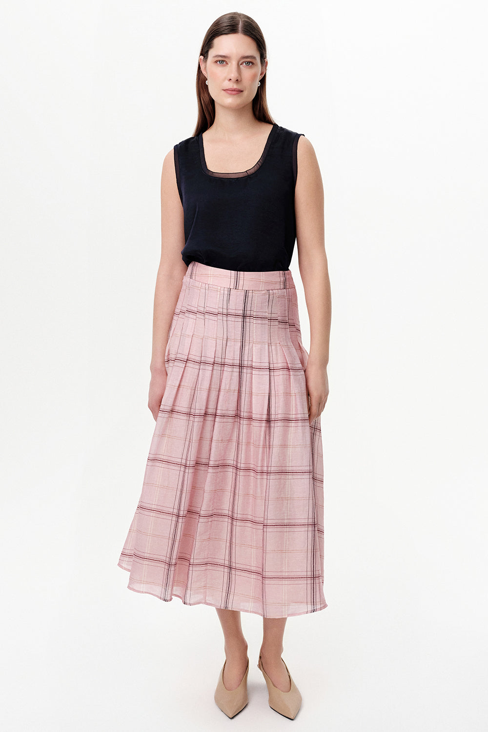 Exquise-Pileli Astarlı Tencel Karışımlı Midi Regular Etek-Etek-5-Milagron.com
