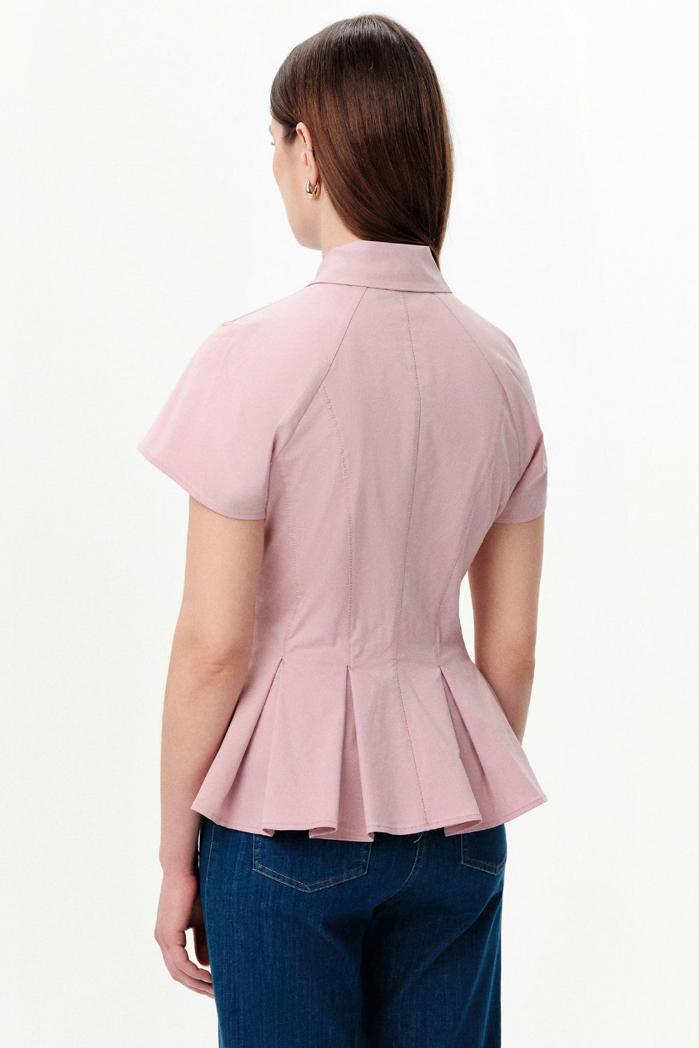 Exquise-Düşük Kol Pileli Zikzak Dikişli Slim Fit Pembe Gömlek-Gömlek-2-Milagron.com
