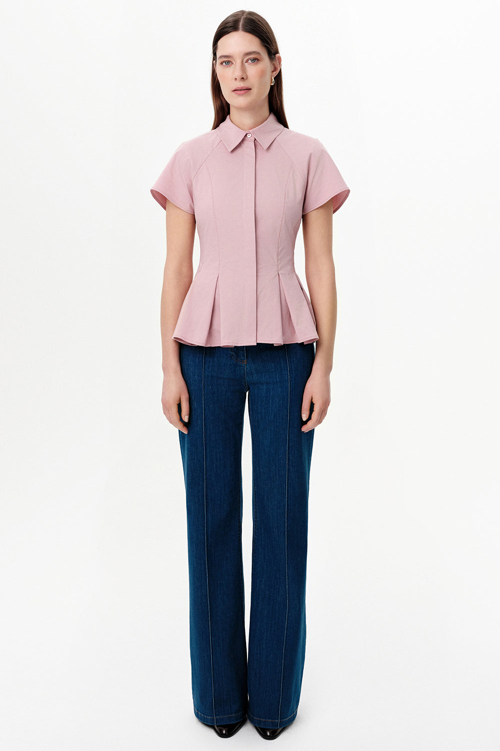 Exquise-Düşük Kol Pileli Zikzak Dikişli Slim Fit Pembe Gömlek-Gömlek-5-Milagron.com