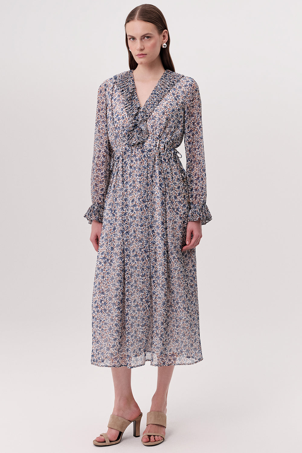 Piliseli Beli Bağcıklı V Yaka Astarlı Regular Midi Çok Renkli Elbise