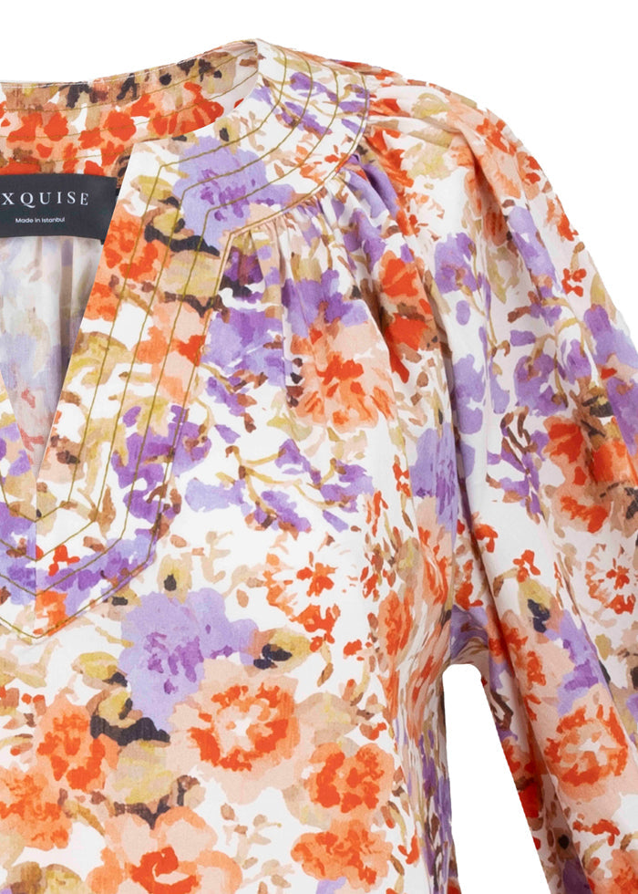 Exquise-Saf Pamuk V Yaka çiçek Desenli Rahat Kesim Elbise-ELBİSE-3-Milagron.com