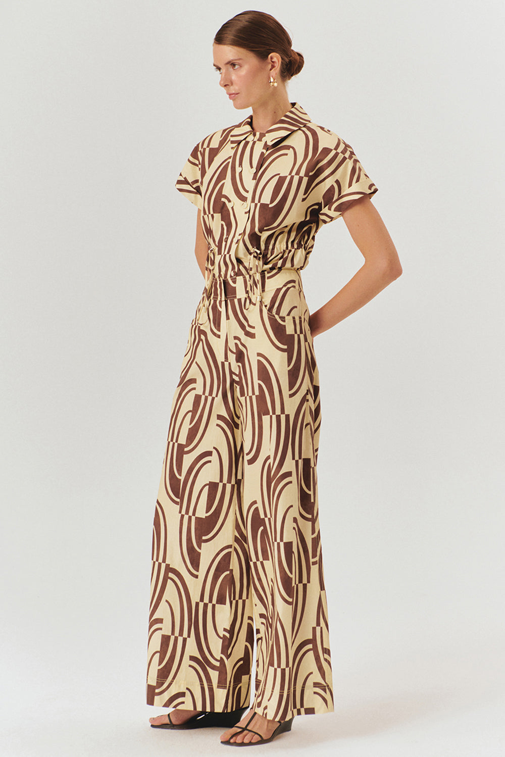 Exquise-Soyut Desenli Pamuklu Kahve Kemik Wide Leg Pantolon-Pantolon-3-Milagron.com