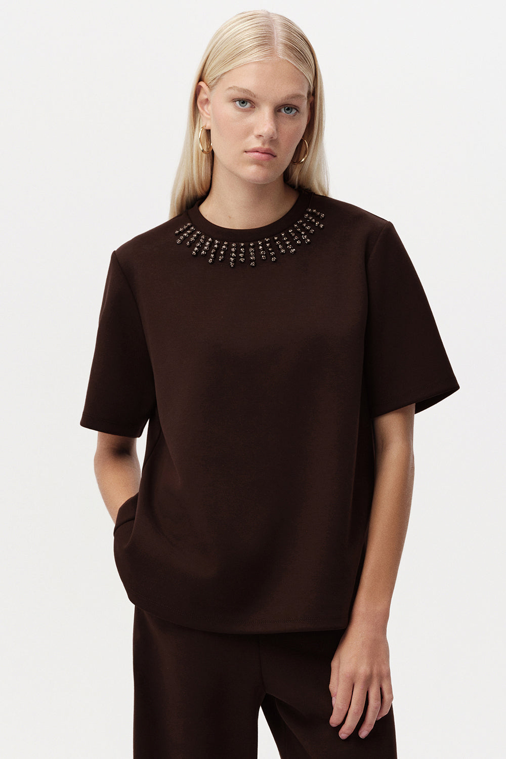 Exquise-Taş Detaylı Bisiklet Yaka Kısa Kollu T Shirt-T-SHIRT-1-Milagron.com