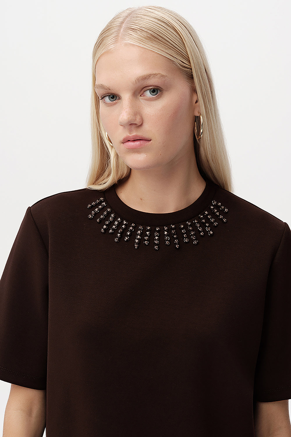 Exquise-Taş Detaylı Bisiklet Yaka Kısa Kollu T Shirt-T-SHIRT-2-Milagron.com