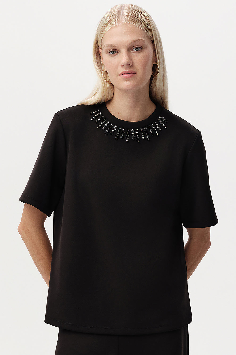 Exquise-Taş Detaylı Bisiklet Yaka Kısa Kollu T Shirt-T-SHIRT-4-Milagron.com