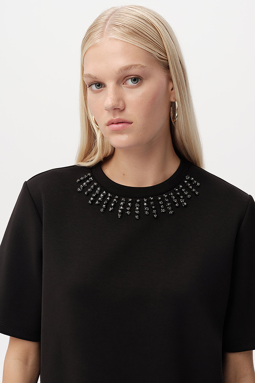 Exquise-Taş Detaylı Bisiklet Yaka Kısa Kollu T Shirt-T-SHIRT-7-Milagron.com