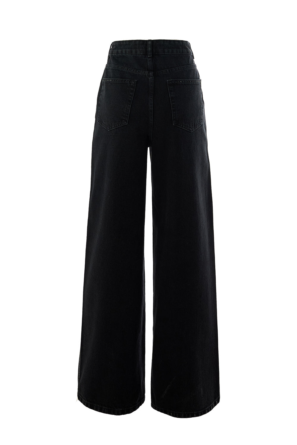 Exquise-Taş Detaylı Cepli Regular Geniş Paça Siyah Denim Pantolon-JEAN-8-Milagron.com