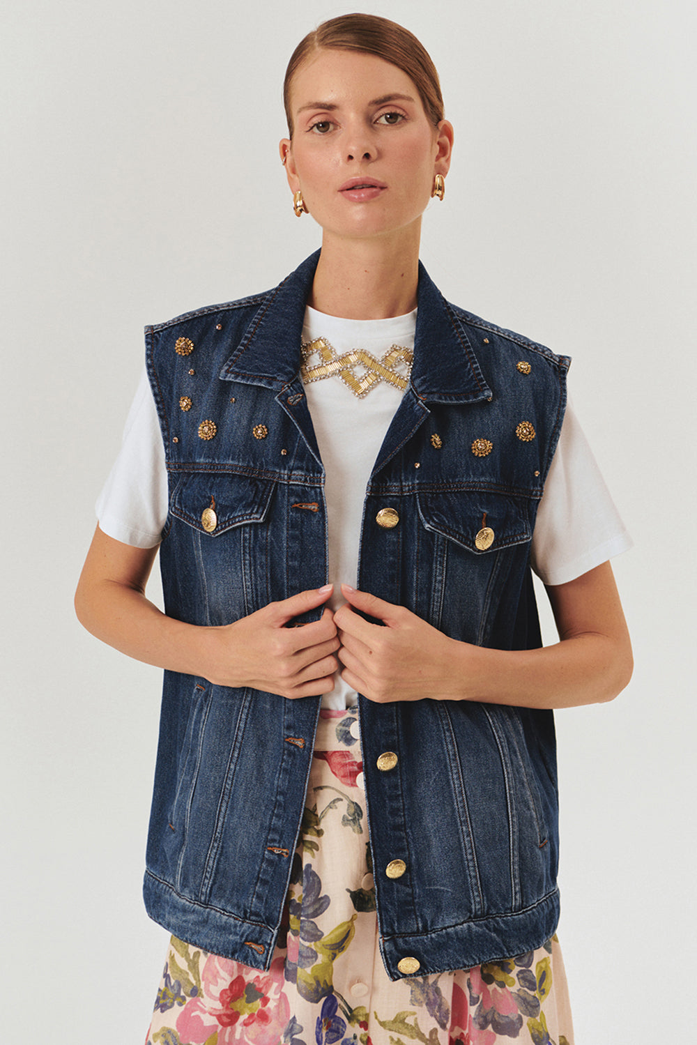 Exquise-Taş Detaylı Pamuk İndigo Denim Yelek-YELEK-1-Milagron.com