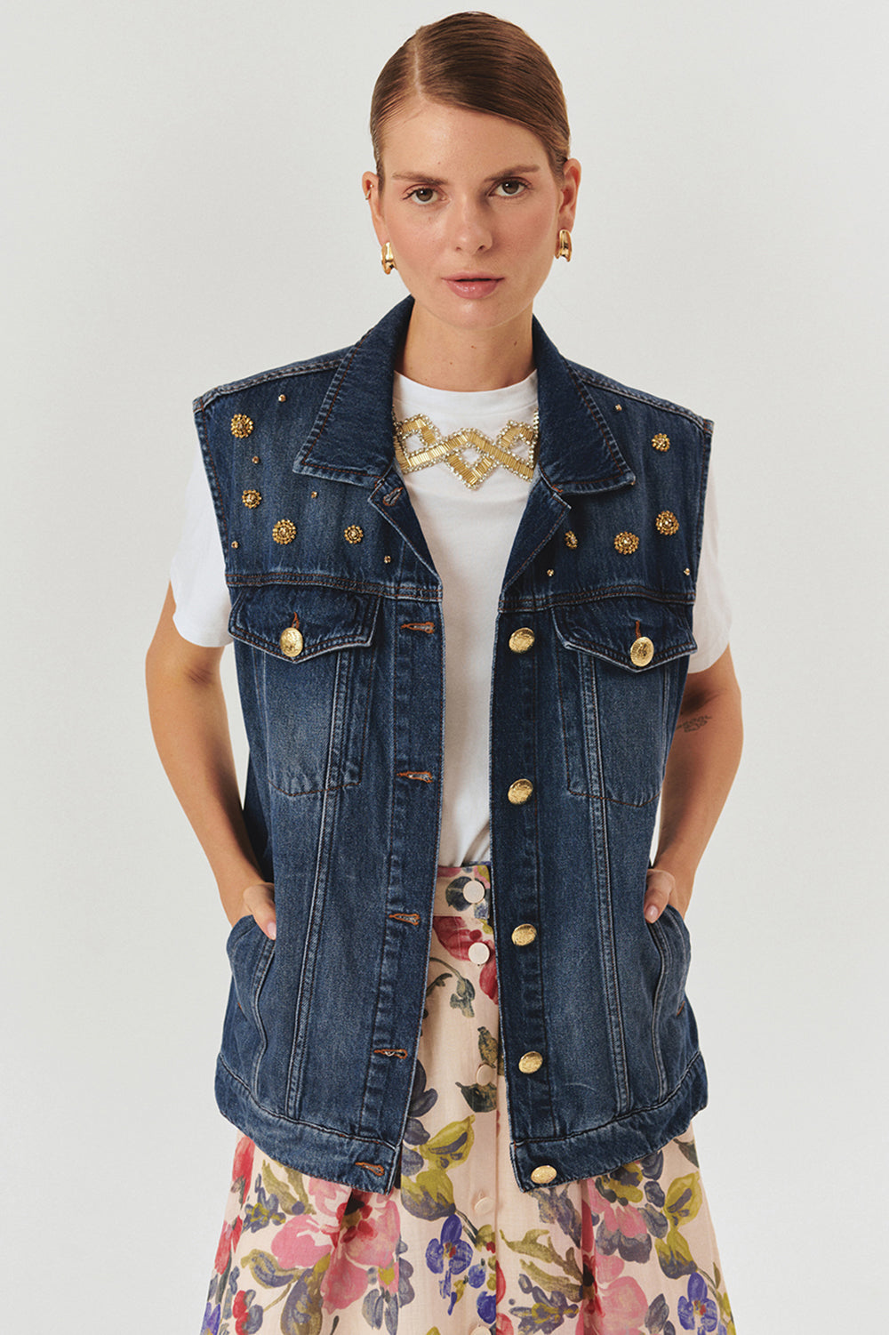 Exquise-Taş Detaylı Pamuk İndigo Denim Yelek-YELEK-2-Milagron.com