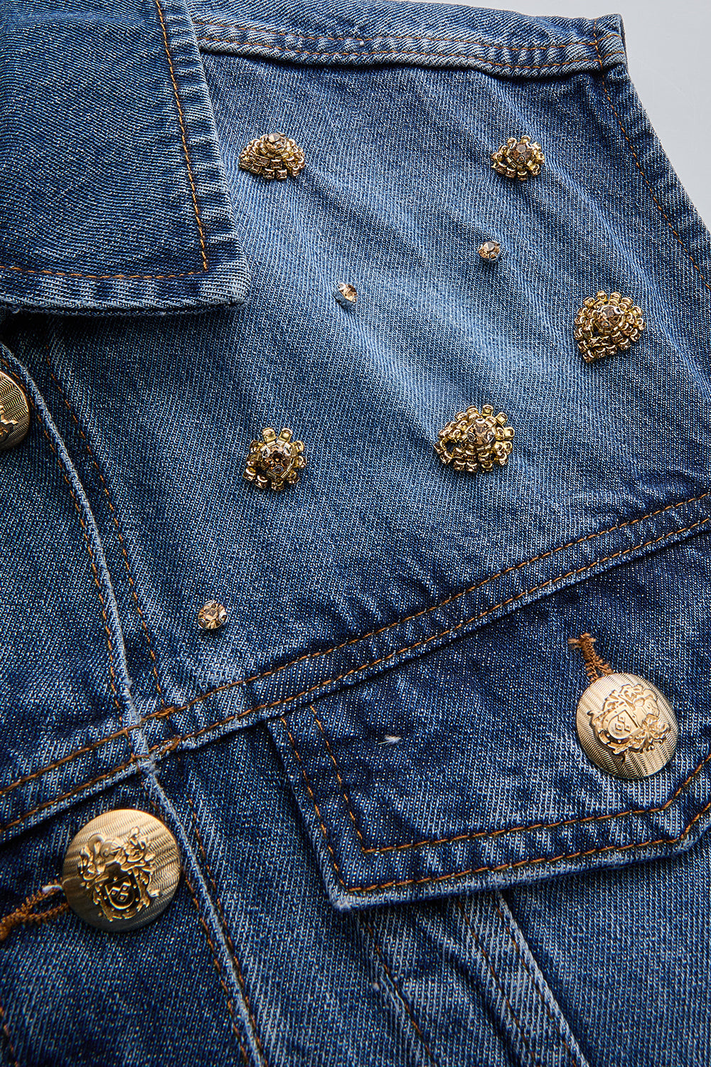 Exquise-Taş Detaylı Pamuk İndigo Denim Yelek-YELEK-7-Milagron.com