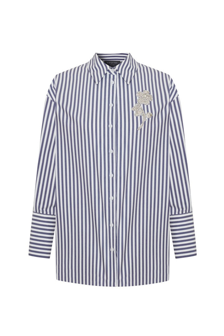 Exquise-Taş İşleme Detaylı Lacivert Beyaz Oversize çizgili Poplin Gömlek-Gömlek-13-Milagron.com