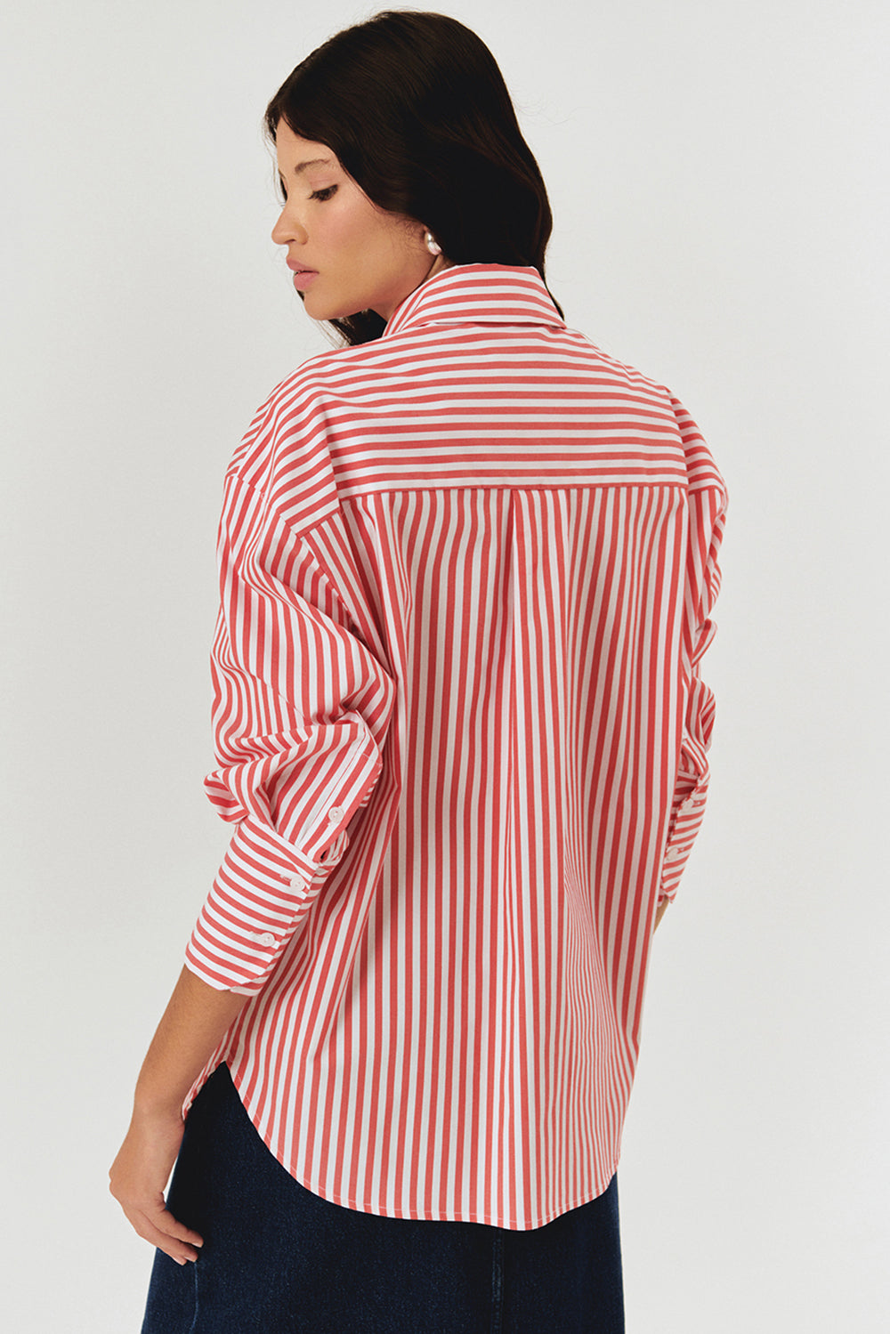 Exquise-Taş İşleme Detaylı Lacivert Beyaz Oversize çizgili Poplin Gömlek-Gömlek-3-Milagron.com