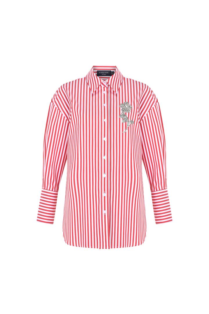 Exquise-Taş İşleme Detaylı Lacivert Beyaz Oversize çizgili Poplin Gömlek-Gömlek-6-Milagron.com