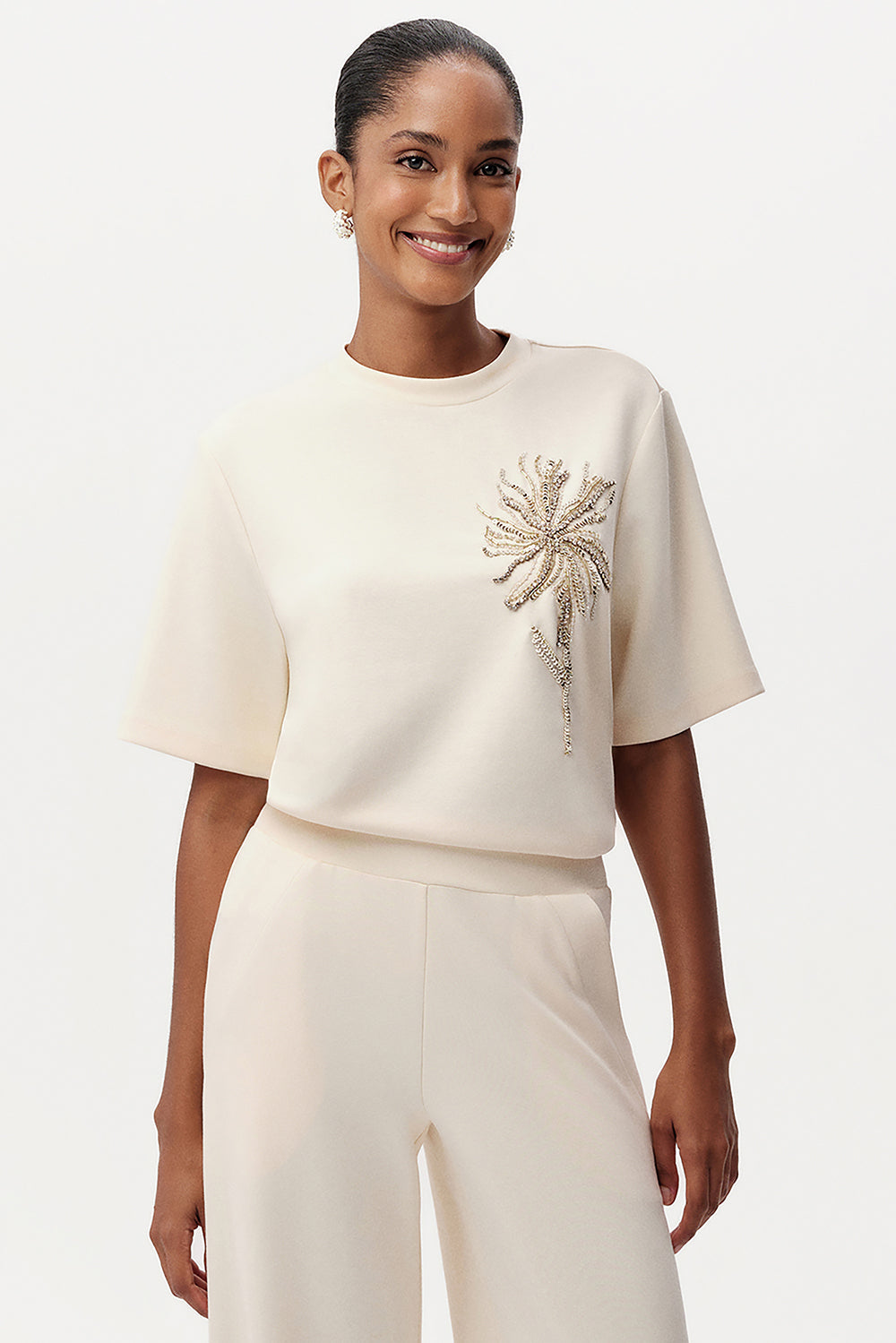 Exquise-Taş İşlemeli Bisiklet Yaka Kısa Kollu Regular T Shirt-T-SHIRT-2-Milagron.com