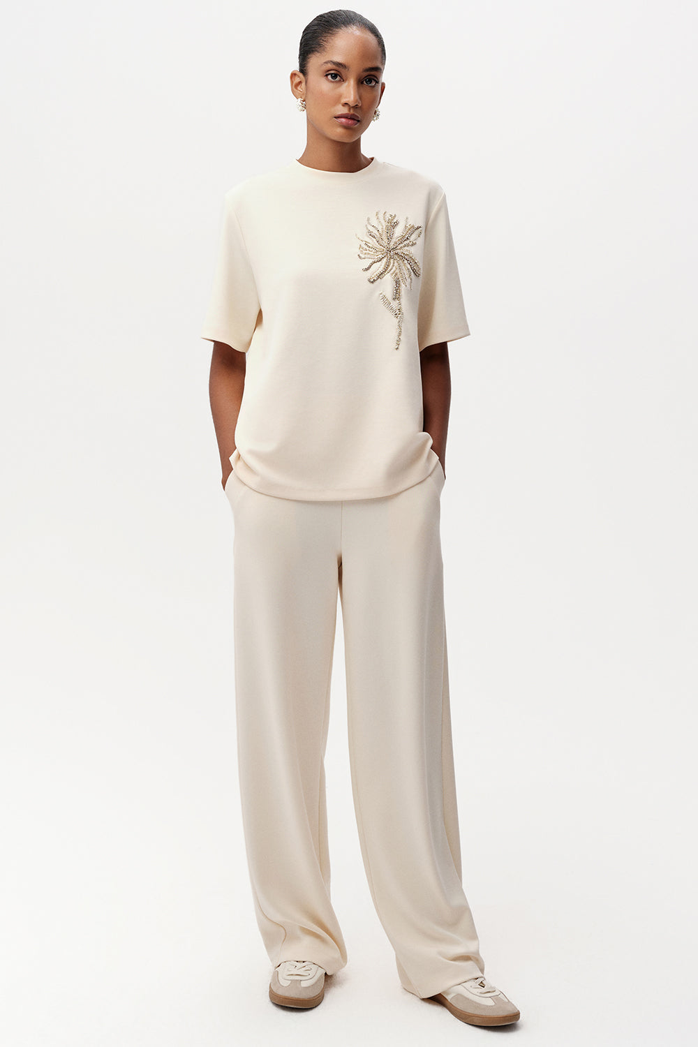 Exquise-Taş İşlemeli Bisiklet Yaka Kısa Kollu Regular T Shirt-T-SHIRT-3-Milagron.com