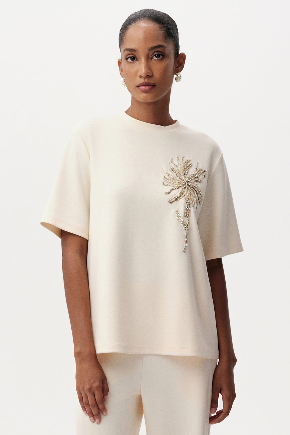 Exquise-Taş İşlemeli Bisiklet Yaka Kısa Kollu Regular T Shirt-T-SHIRT-4-Milagron.com