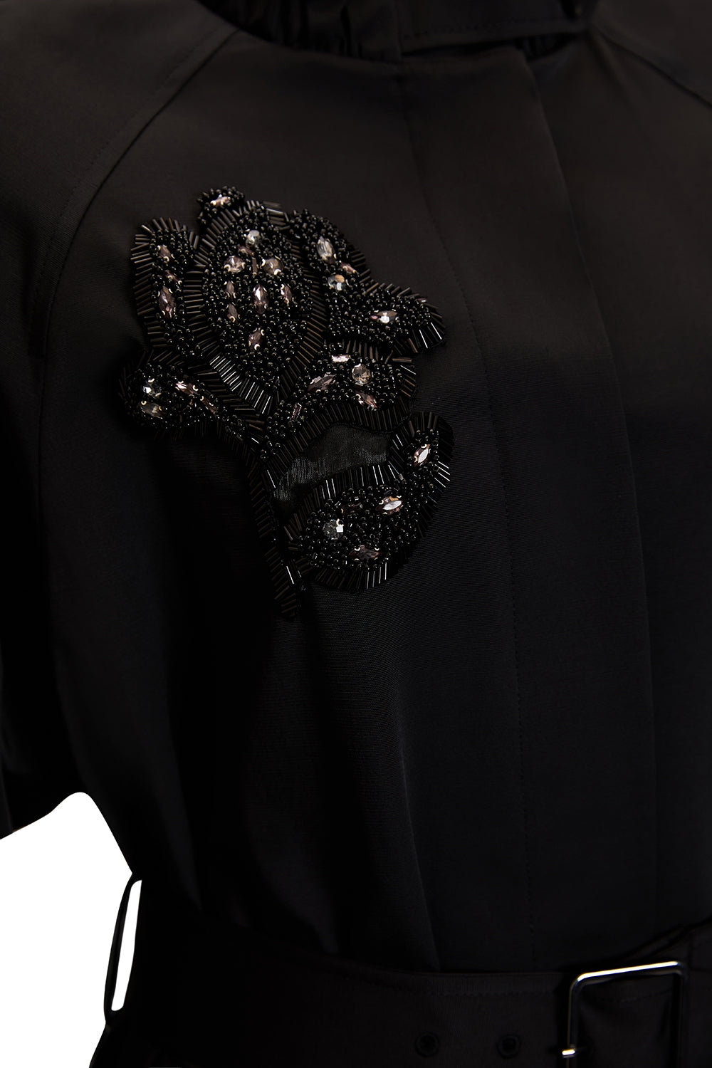 Exquise-Taş İşlemeli Dik Yaka Kemerli Regular Trençkot-TRENÇKOT-3-Milagron.com