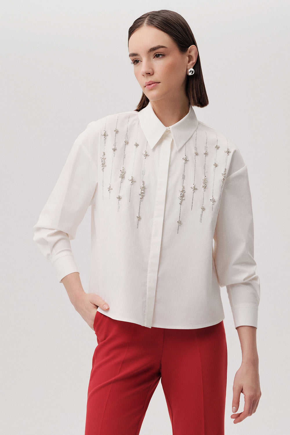 Exquise-Taşlı Uzun Kollu Regular Kemik Gömlek-GÖMLEK-1-Milagron.com