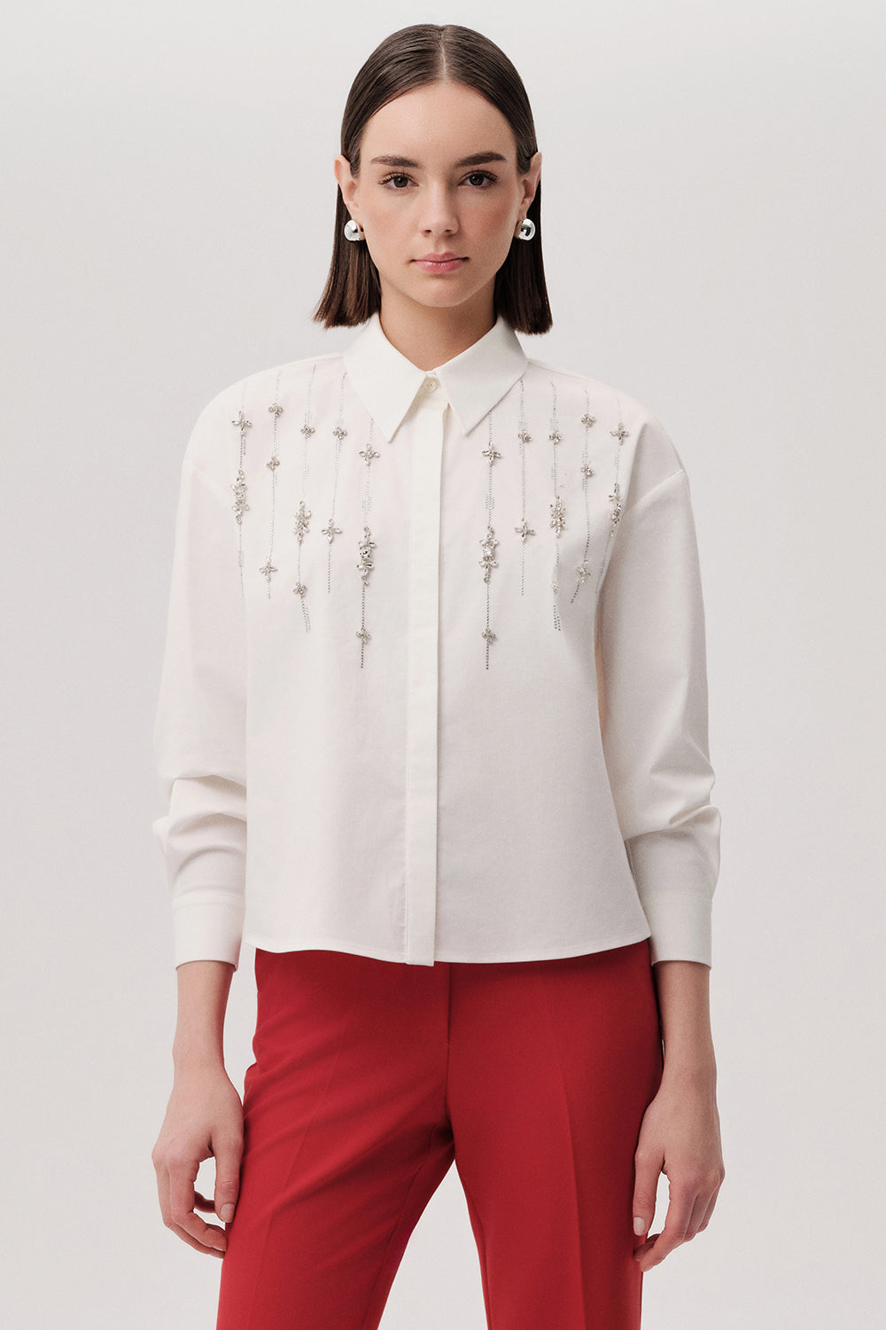 Exquise-Taşlı Uzun Kollu Regular Kemik Gömlek-GÖMLEK-2-Milagron.com