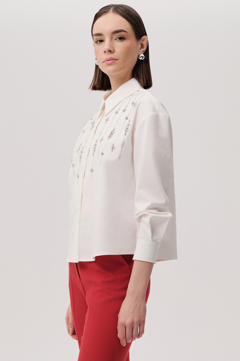 Exquise-Taşlı Uzun Kollu Regular Kemik Gömlek-GÖMLEK-3-Milagron.com