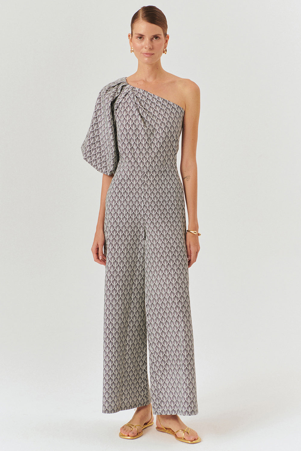 Exquise-Tek Omuz Balon Kol Desenli Pamuklu Regular Tulum-TULUM-1-Milagron.com