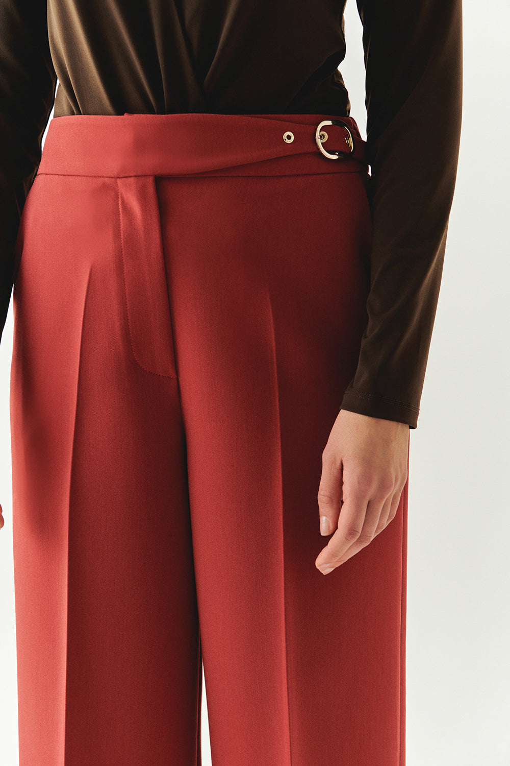 Exquise-Tokalı Cepli Geniş Paça Regular Dokuma Kiremit Pantolon-PANTOLON-5-Milagron.com