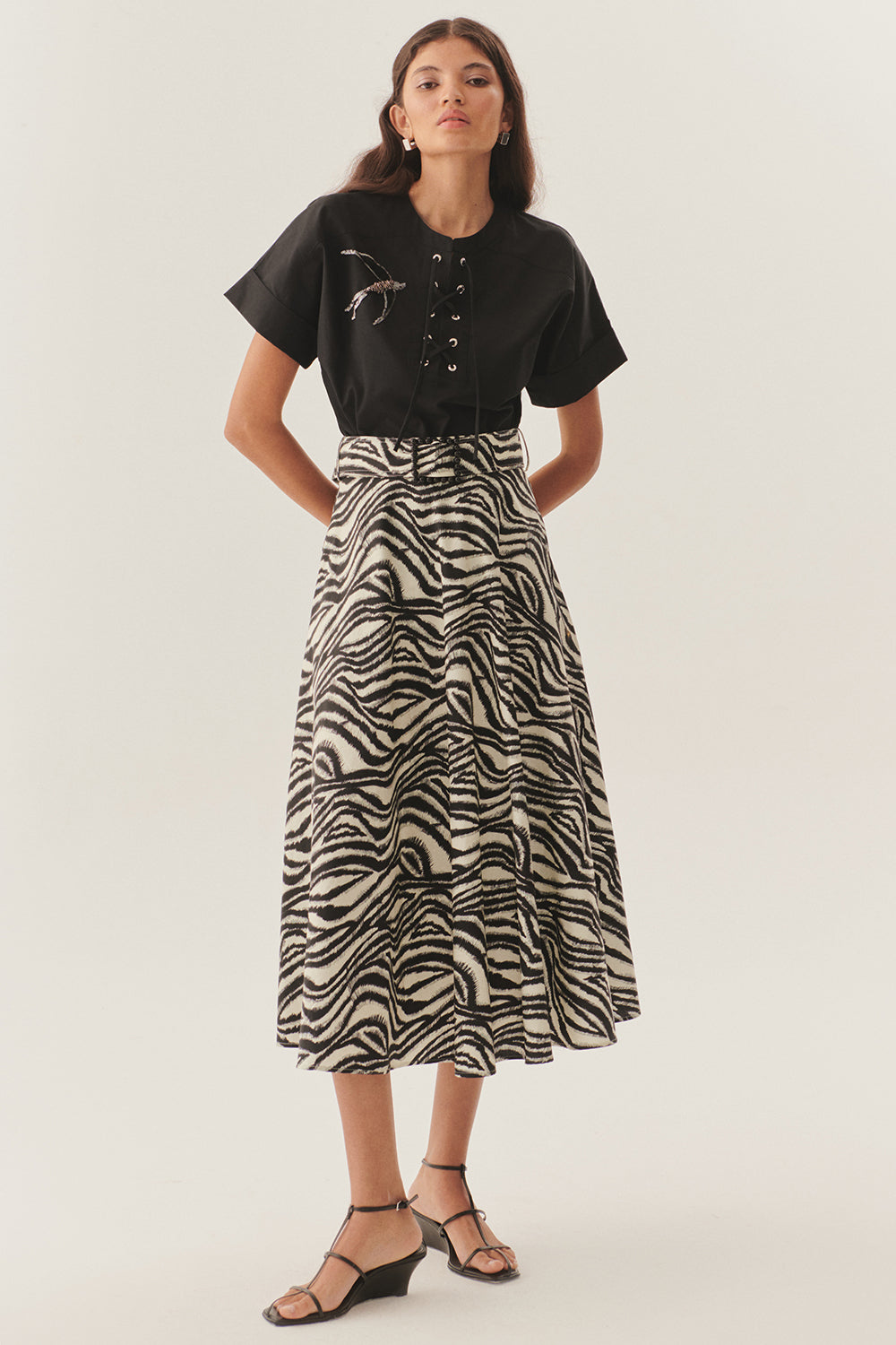 Exquise-Tokalı Kemer Detaylı Zebra Desenli A Kesim Pamuklu Midi Etek-ETEK-2-Milagron.com