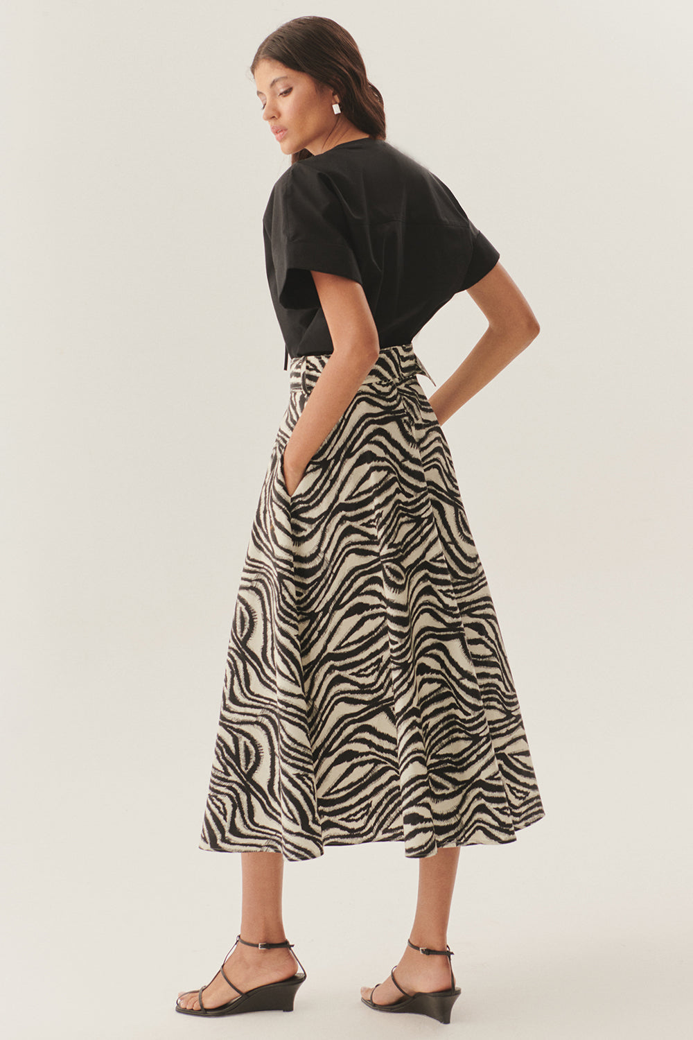 Exquise-Tokalı Kemer Detaylı Zebra Desenli A Kesim Pamuklu Midi Etek-ETEK-4-Milagron.com