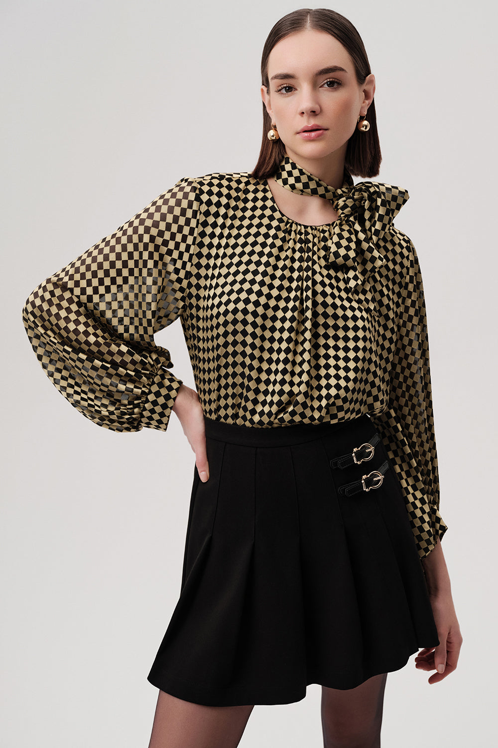 Exquise-Tokalı Pileli Regular Mini Siyah Etek-ETEK-3-Milagron.com