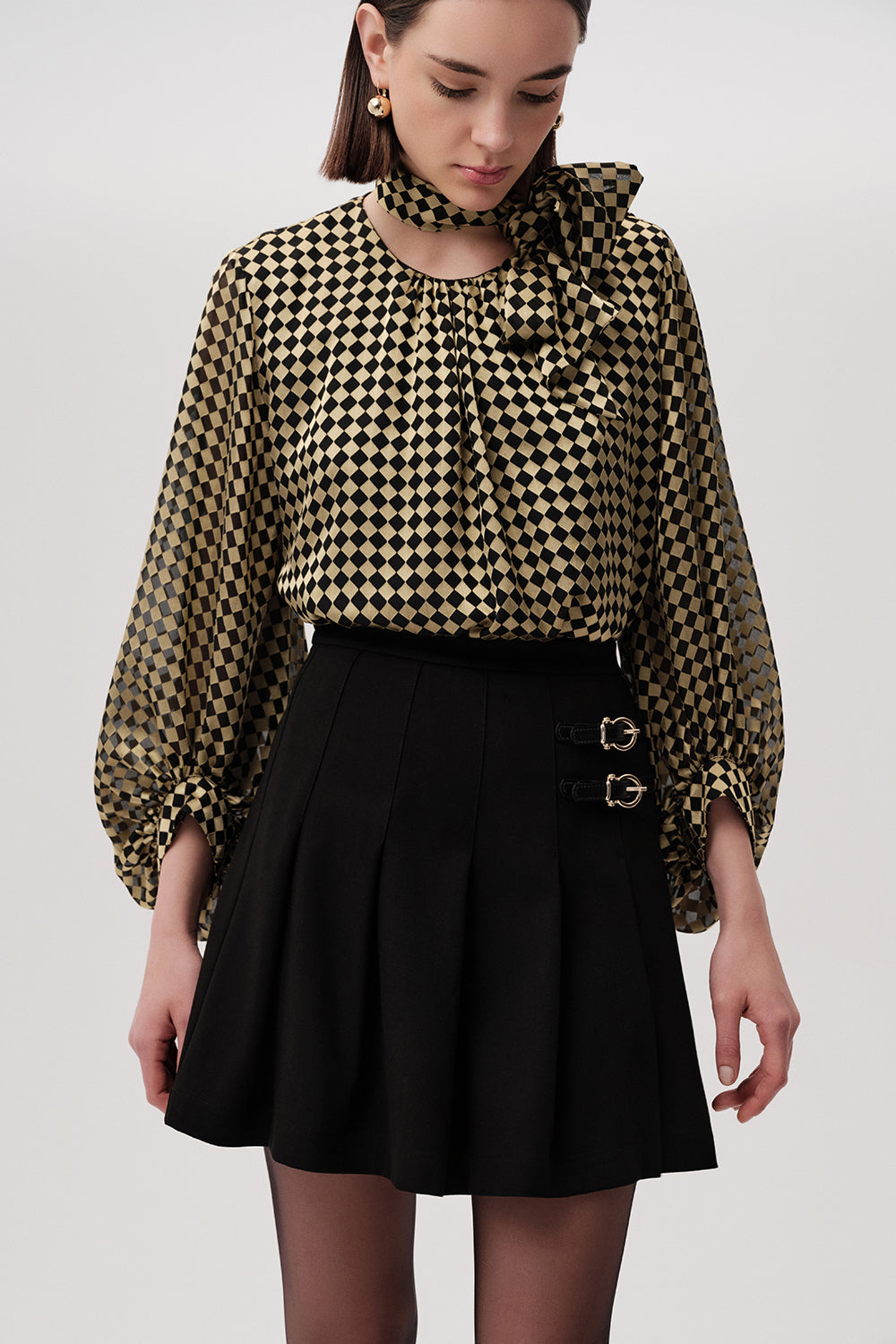 Exquise-Tokalı Pileli Regular Mini Siyah Etek-ETEK-5-Milagron.com