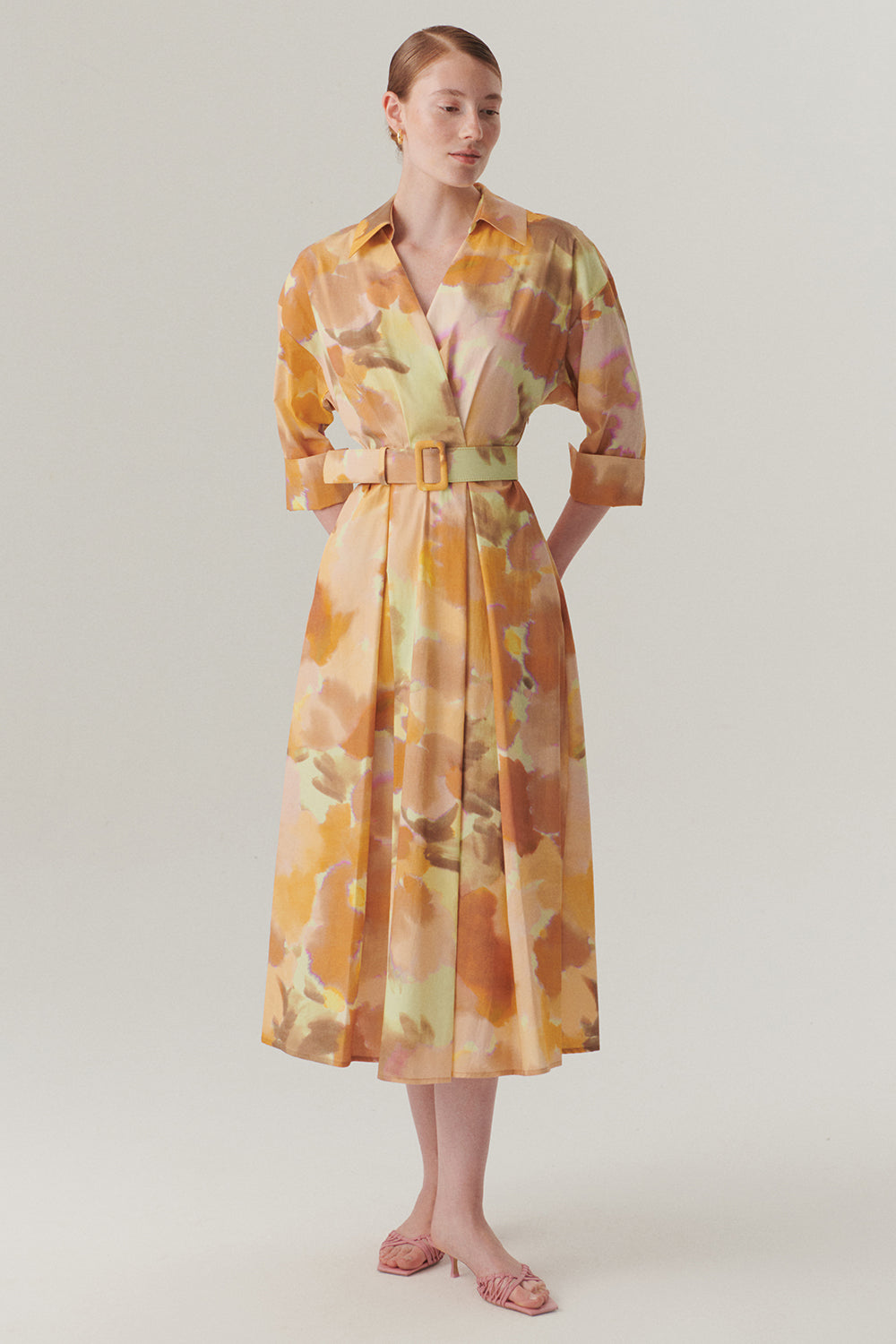 Exquise-Truvakar Kol Kemerli Bele Oturan Midi Boy Soyut Desenli Pamuklu Elbise-Elbise-2-Milagron.com