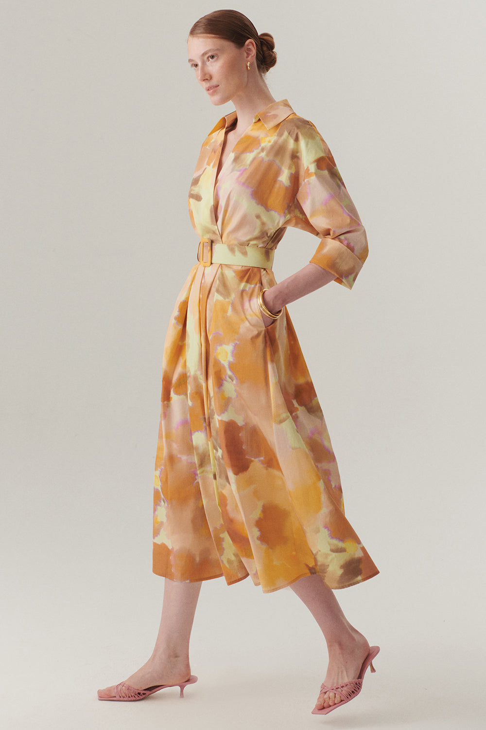 Exquise-Truvakar Kol Kemerli Bele Oturan Midi Boy Soyut Desenli Pamuklu Elbise-Elbise-3-Milagron.com