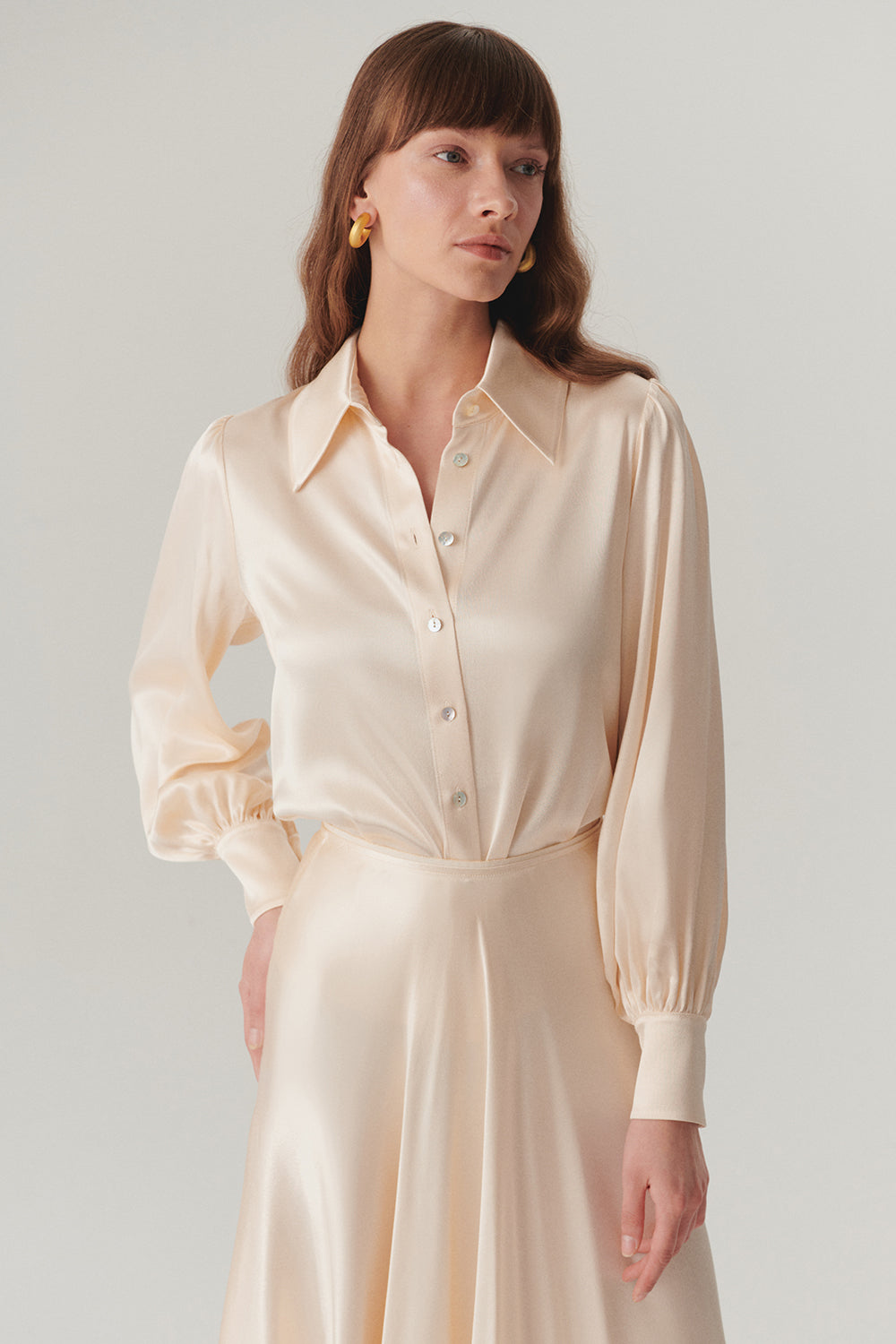 Exquise-Uzun Kol Parlak Dokulu Regular Fit Saten Gömlek-Gömlek-1-Milagron.com