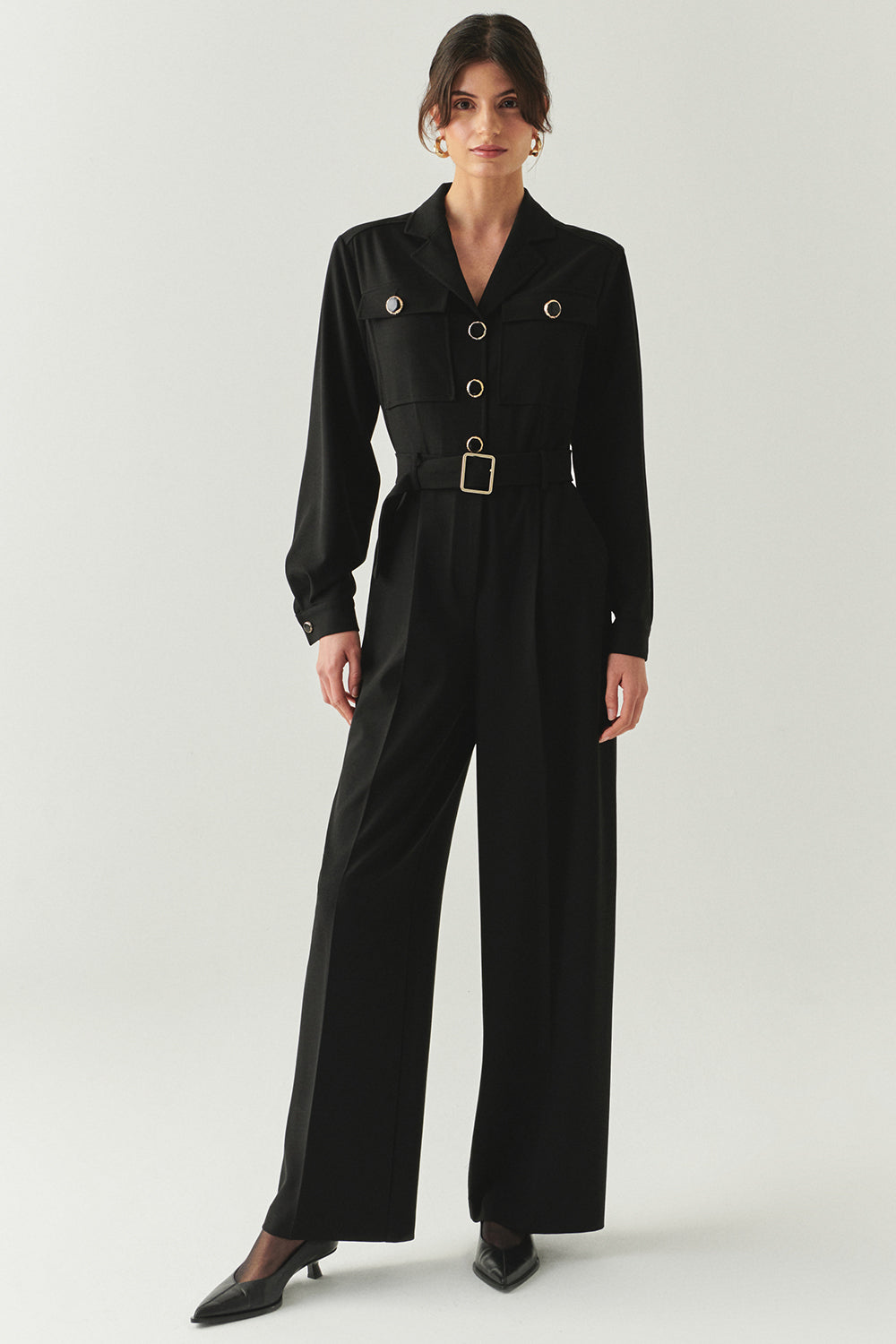 Exquise-Uzun Kollu Ceket Yaka Cepli Kemerli Slim Fit Siyah Tulum-TULUM-1-Milagron.com