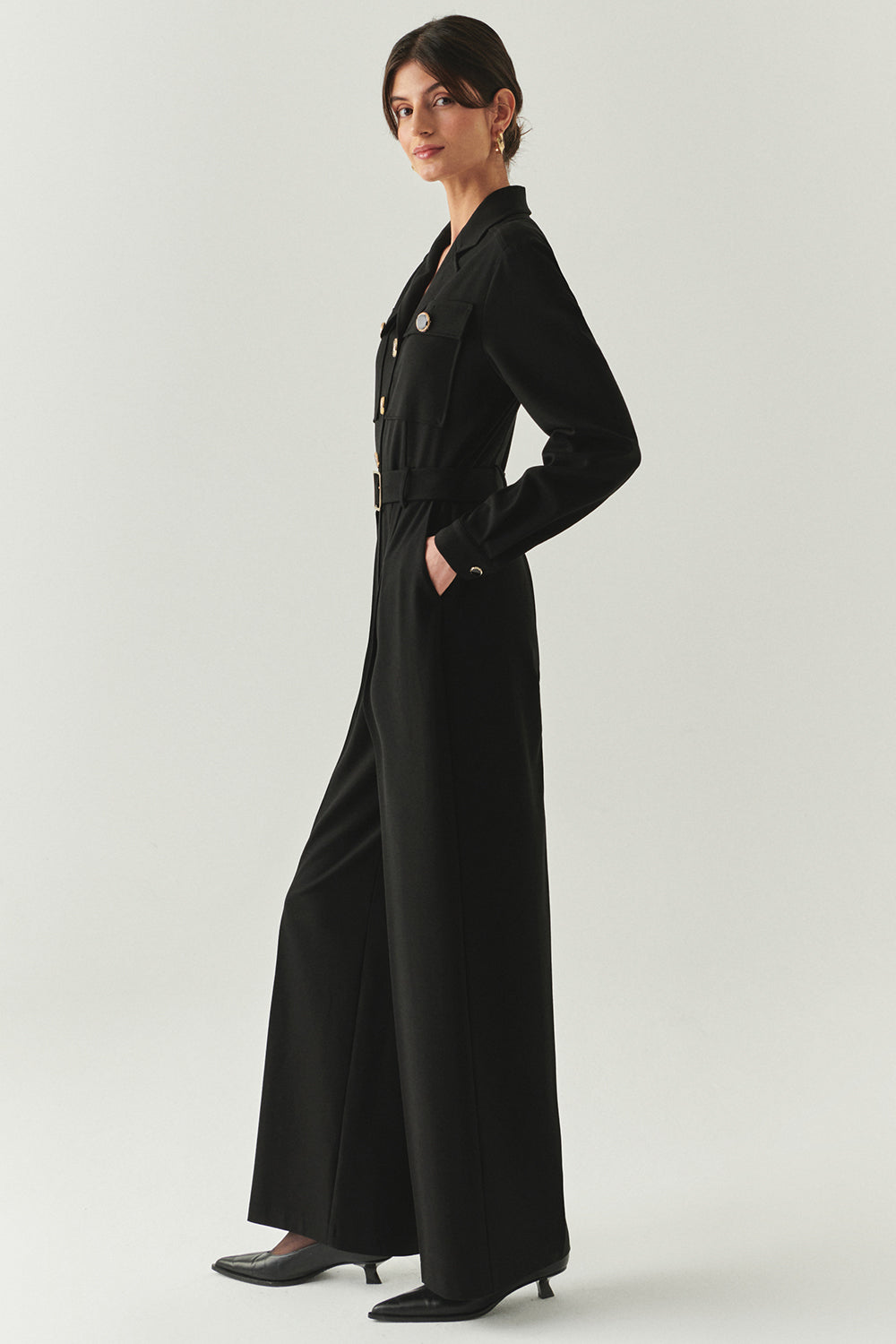 Exquise-Uzun Kollu Ceket Yaka Cepli Kemerli Slim Fit Siyah Tulum-TULUM-3-Milagron.com