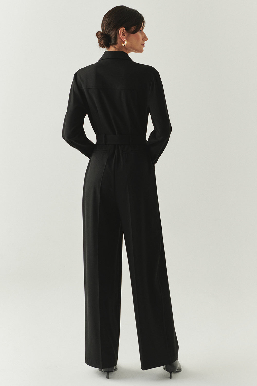 Exquise-Uzun Kollu Ceket Yaka Cepli Kemerli Slim Fit Siyah Tulum-TULUM-4-Milagron.com