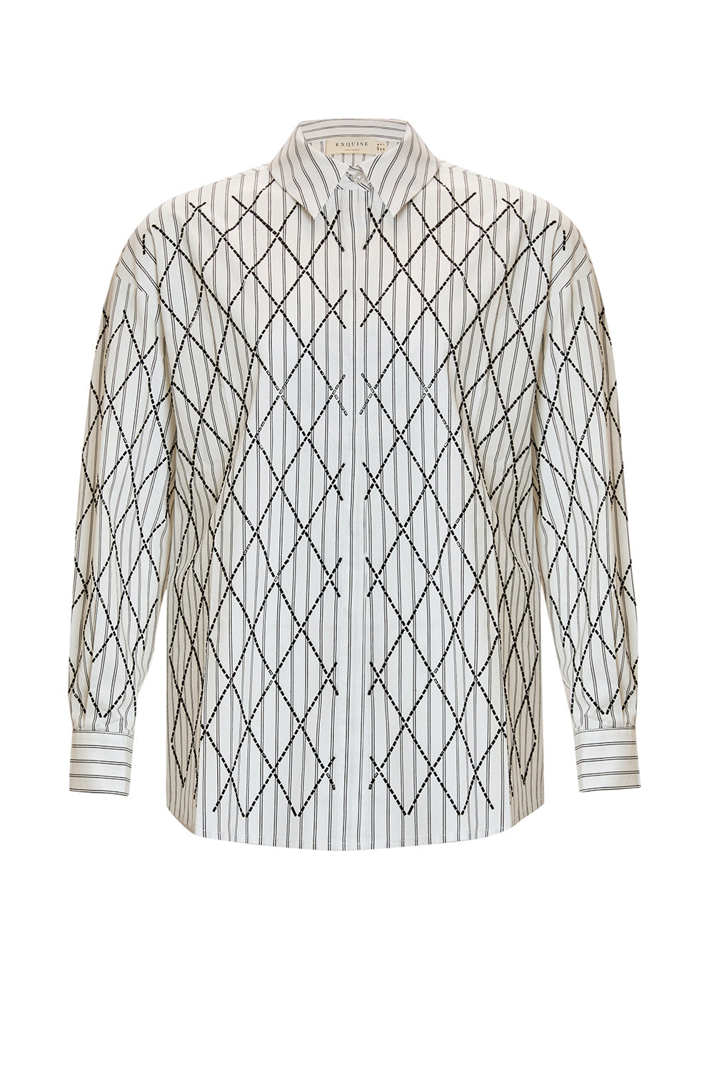 Exquise-Uzun Kollu Geometrik İşleme Detaylı Regular Dokuma Gömlek-GÖMLEK-1-Milagron.com