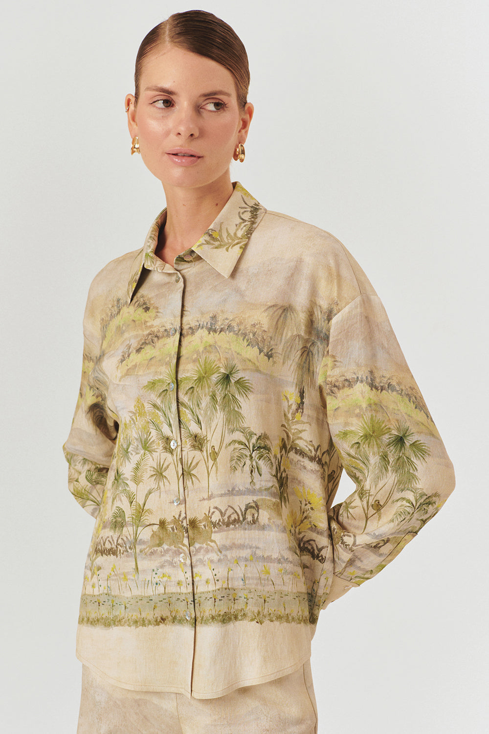 Exquise-Uzun Kollu Gömlek Yaka Rahat Kalıp Tropikal Desenli Gömlek-Gömlek-5-Milagron.com