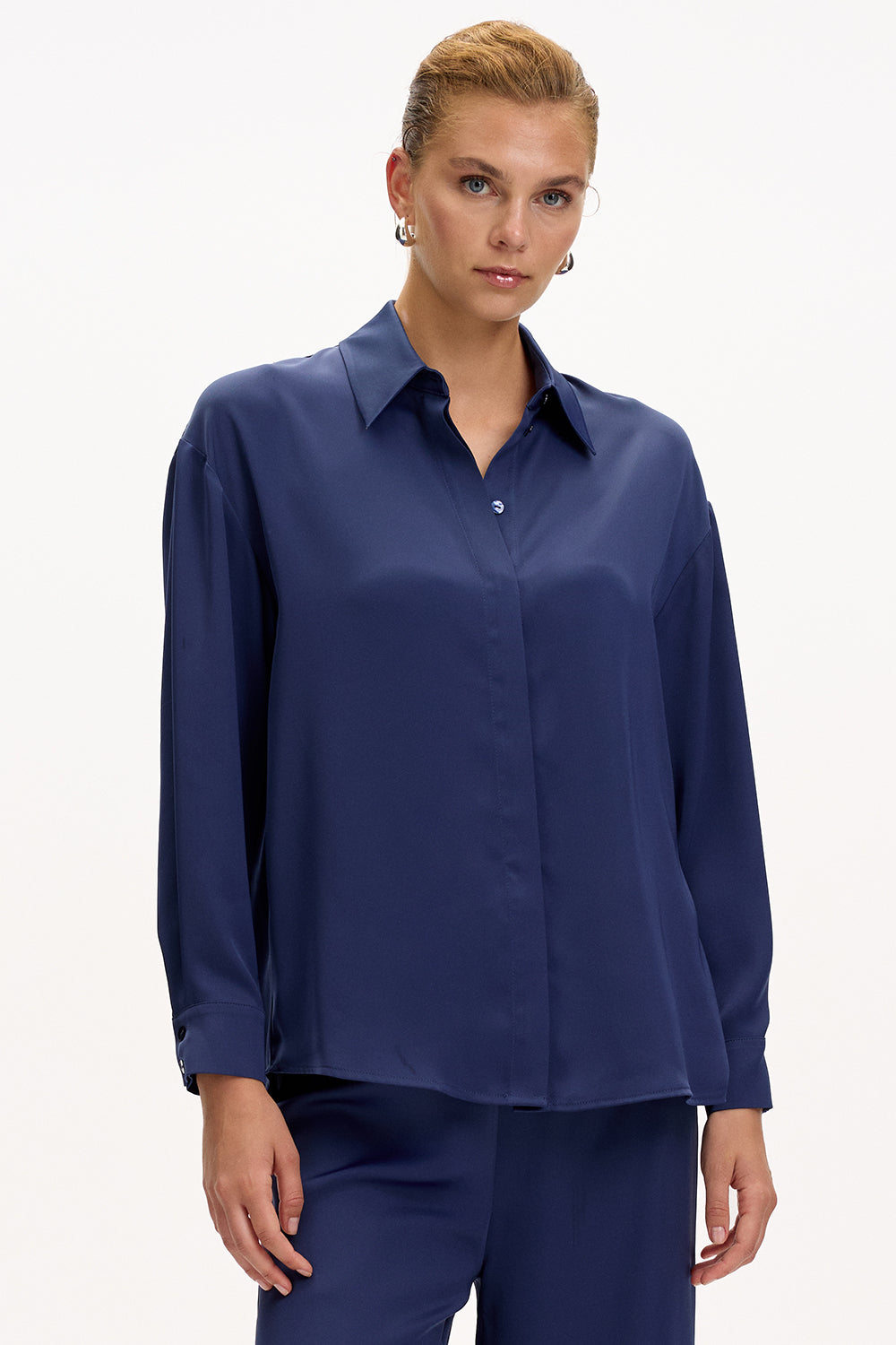 Exquise-Uzun Kollu Klasik Yaka Düğmeli Regular Lacivert Gömlek-GÖMLEK-2-Milagron.com