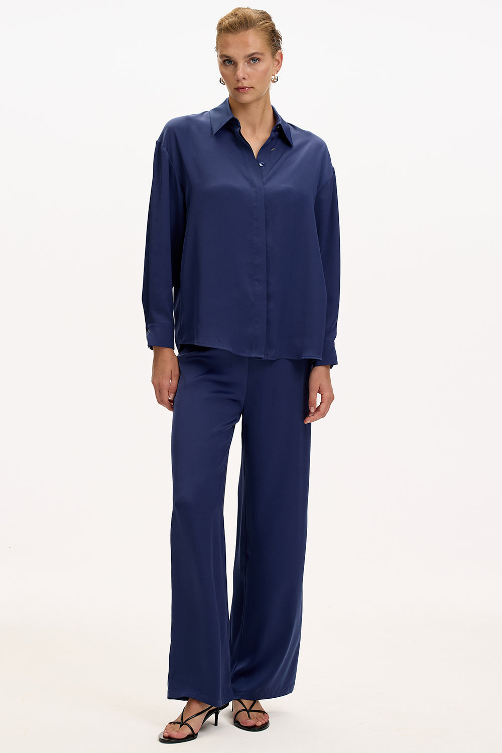 Exquise-Uzun Kollu Klasik Yaka Düğmeli Regular Lacivert Gömlek-GÖMLEK-3-Milagron.com