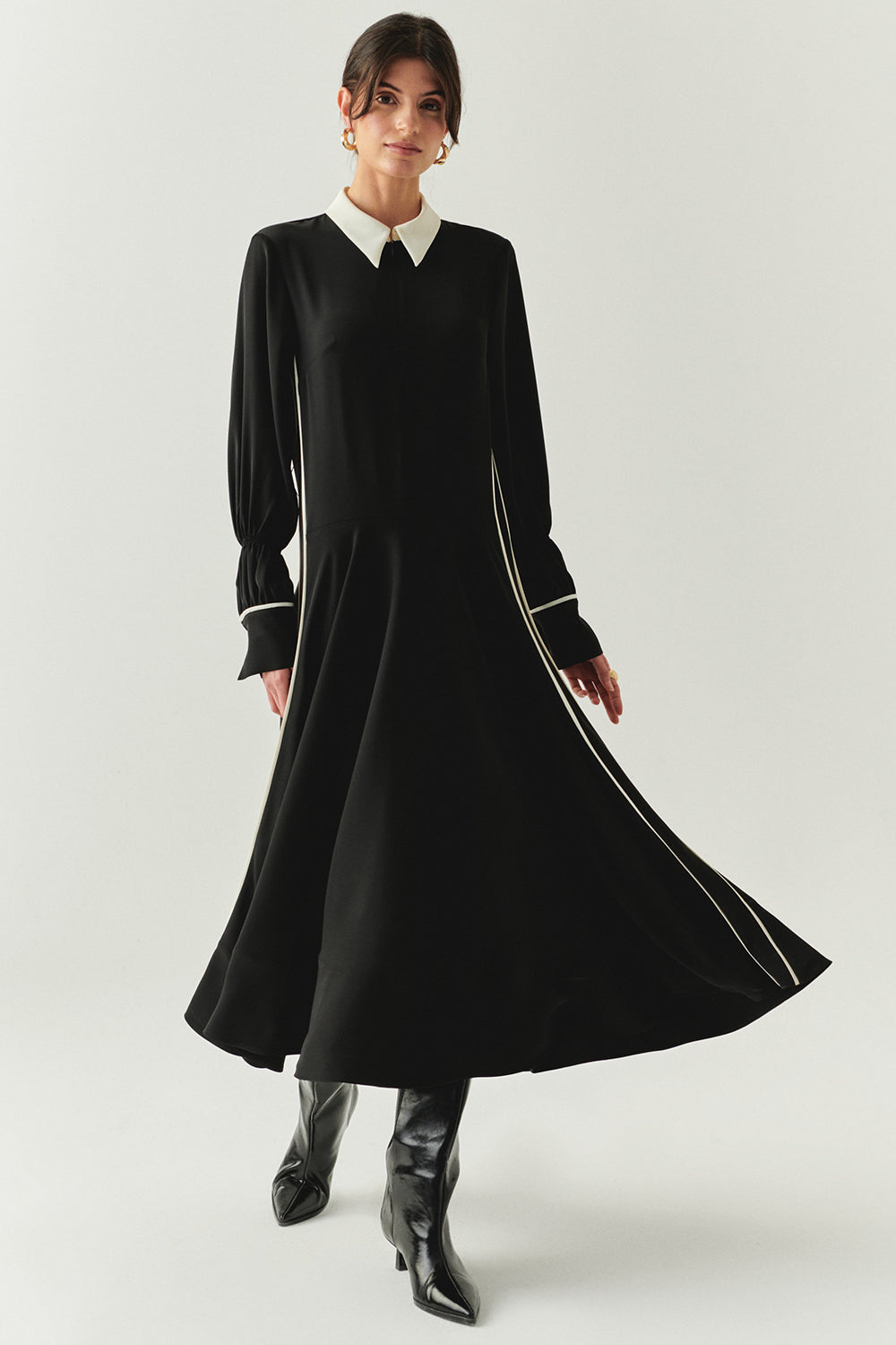 Exquise-Uzun Kollu Kuşaklı Düşük Bel Regular Siyah Midi Elbise-ELBİSE-2-Milagron.com