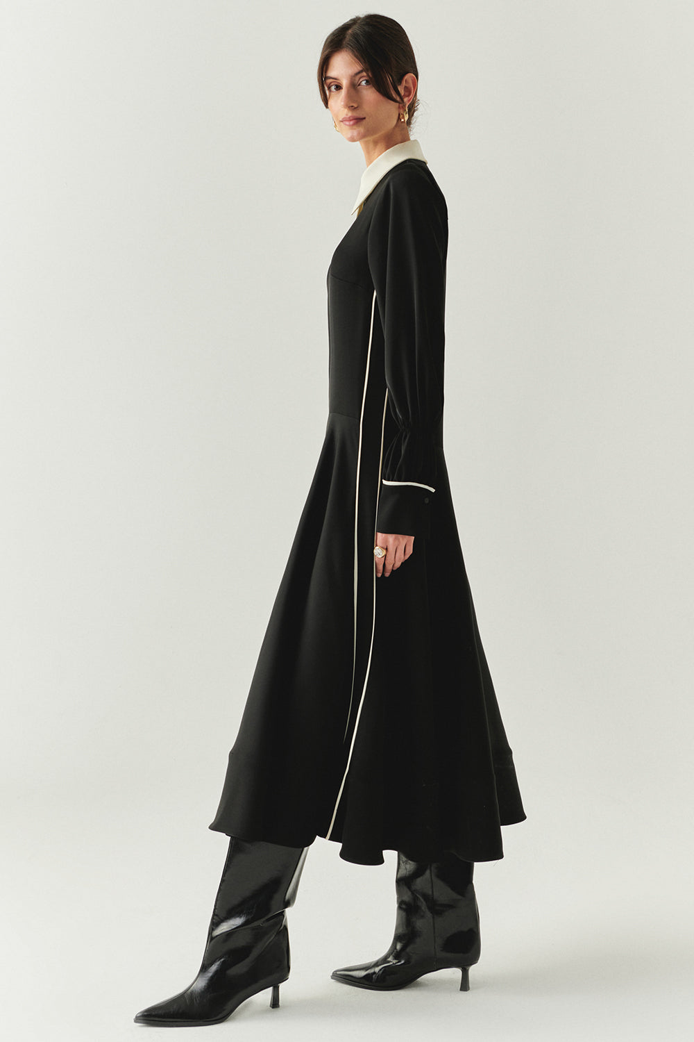 Exquise-Uzun Kollu Kuşaklı Düşük Bel Regular Siyah Midi Elbise-ELBİSE-3-Milagron.com